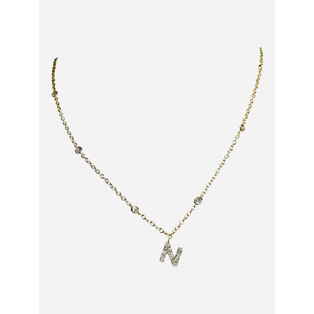 BaubleBar Gold Initial N Necklace Pavé Crystal Pendant Bezel Station Chain